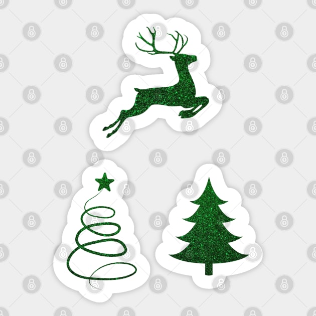 Deep Green Faux Glitter Christmas Trees and Reindeer Pack Sticker by Felicity-K
